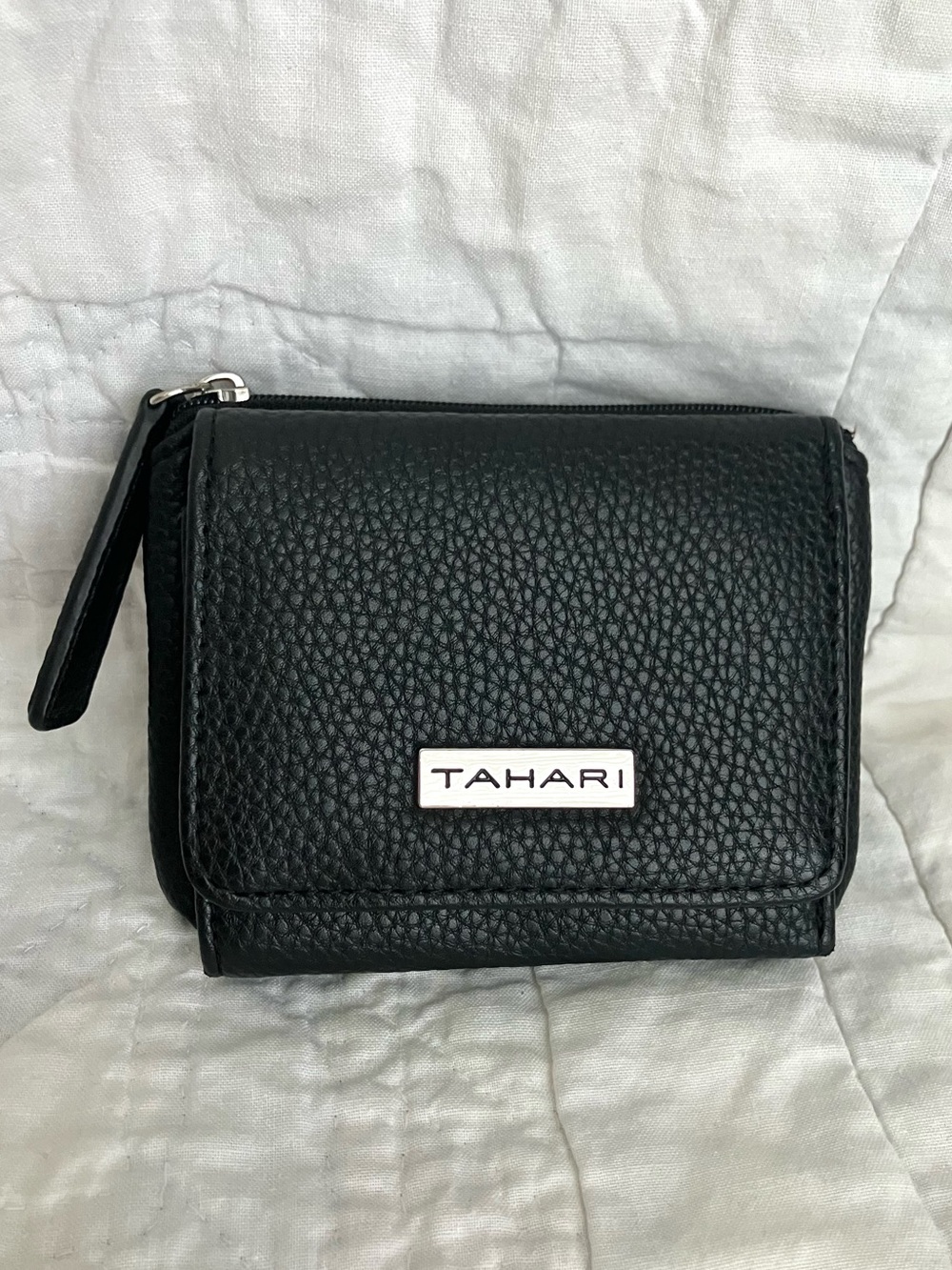Tahari Black Faux Leather Classic Minimalist Chic Trifold Wallet